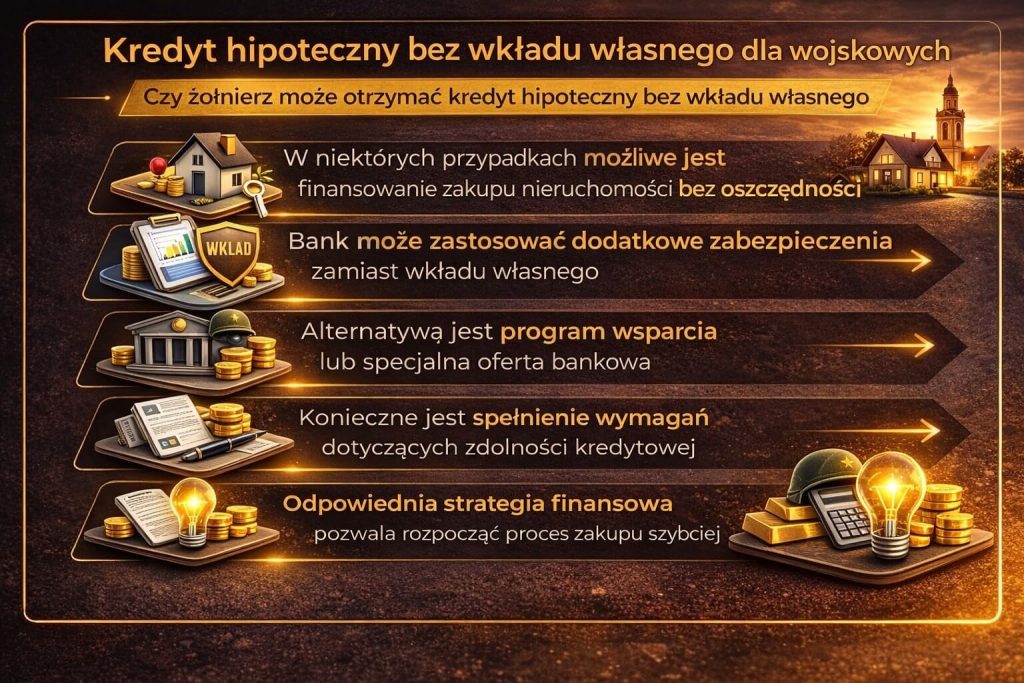 Kredyt hipoteczny dla wojskowych bez wkładu własnego jako możliwe rozwiązanie przy spełnieniu określonych warunków bankowych, obejmujące dodatkowe zabezpieczenia oraz programy wsparcia umożliwiające zakup nieruchomości bez oszczędności