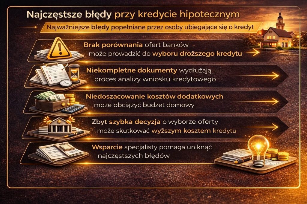 Najczęstsze błędy przy zaciąganiu kredytu mieszkaniowego przez wojskowych to brak porównania ofert, niekompletne dokumenty oraz niedoszacowanie kosztów, co może prowadzić do wyższych rat i niekorzystnych warunków finansowania
