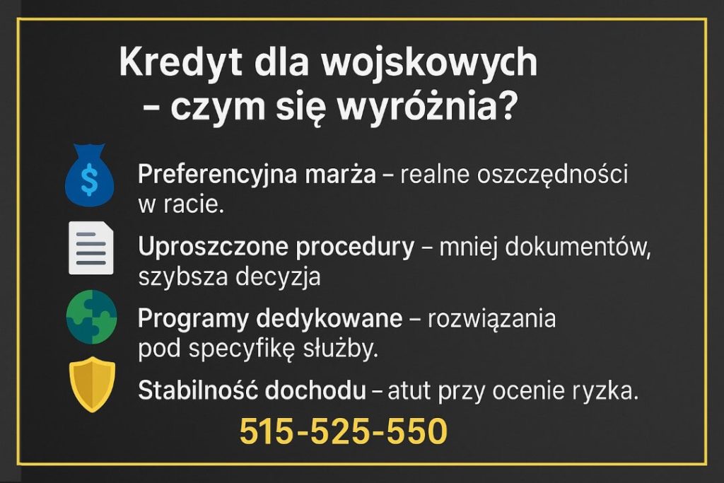 Kredyt hipoteczny dla wojskowych – najważniejsze cechy: preferencyjna marża, uproszczone procedury, dedykowane programy i stabilność dochodu. Doradca kredytowy i prawnik oferują wsparcie 515-525-550.