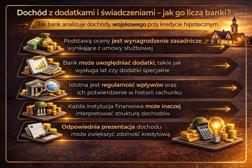 Finansowanie nieruchomości dla żołnierzy z uwzględnieniem dodatków służbowych i świadczeń, które zwiększają zdolność kredytową oraz poprawiają ocenę w banku, co przekłada się na większe możliwości uzyskania kredytu mieszkaniowego