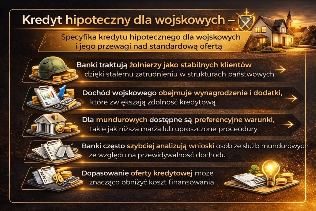 Kredyt hipoteczny dla wojskowych przedstawiony jako korzystne rozwiązanie finansowe dla osób służb mundurowych, z uwzględnieniem stabilnych dochodów, uproszczonych procedur bankowych oraz możliwości uzyskania lepszych warunków kredytowania nieruchomości