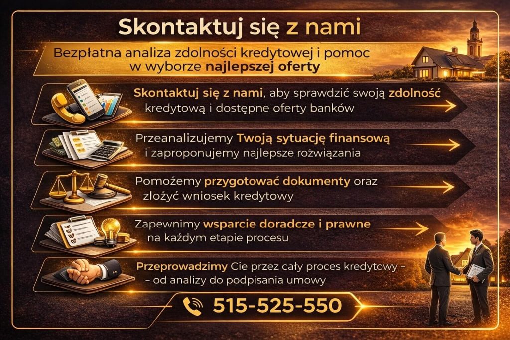 Kontakt z doradcą kredytowym specjalizującym się w obsłudze wojskowych umożliwia bezpłatną analizę zdolności kredytowej, wybór najlepszej oferty oraz kompleksowe wsparcie od pierwszego kontaktu aż po podpisanie umowy kredytowej
