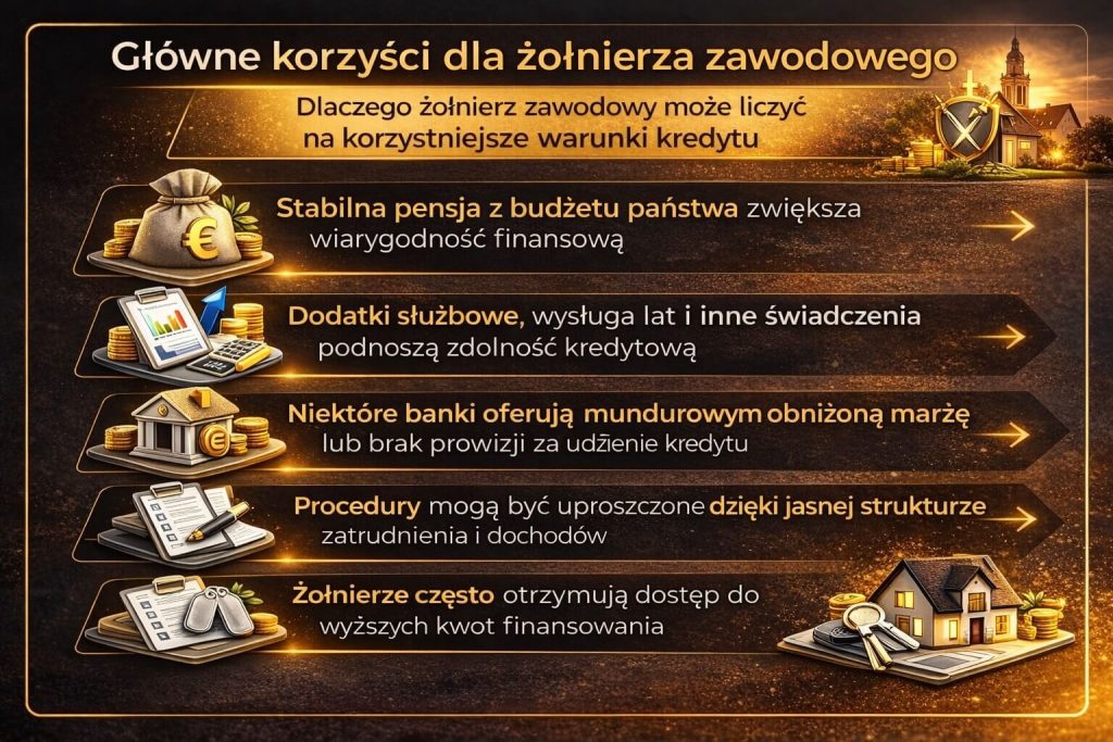 Najważniejsze korzyści jakie daje kredyt hipoteczny dla wojskowych, w tym wyższa zdolność kredytowa, preferencyjne warunki bankowe, stabilność zatrudnienia oraz dostęp do większych kwot finansowania na zakup mieszkania lub budowę domu