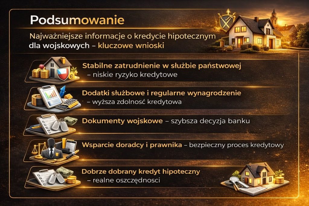Podsumowanie najważniejszych informacji o produkcie, jakim jest kredyt hipoteczny dla wojskowych, uwzględniające stabilne zatrudnienie, dodatki służbowe oraz wsparcie doradcy i prawnika, które wpływają na wyższą zdolność kredytową i bezpieczeństwo decyzji finansowej