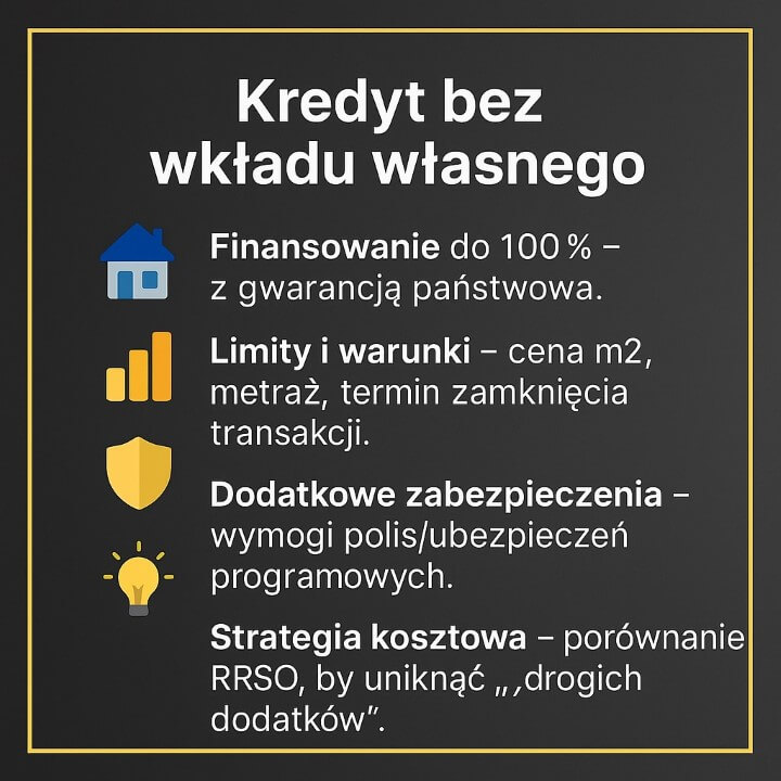 Kredyt bez wkładu własnego dla wojskowych – finansowanie do 100% z gwarancją państwową, limity ceny m², wymogi ubezpieczeń i strategia kosztowa z porównaniem RRSO. Doradca kredytowy i prawnik 515-525-550.