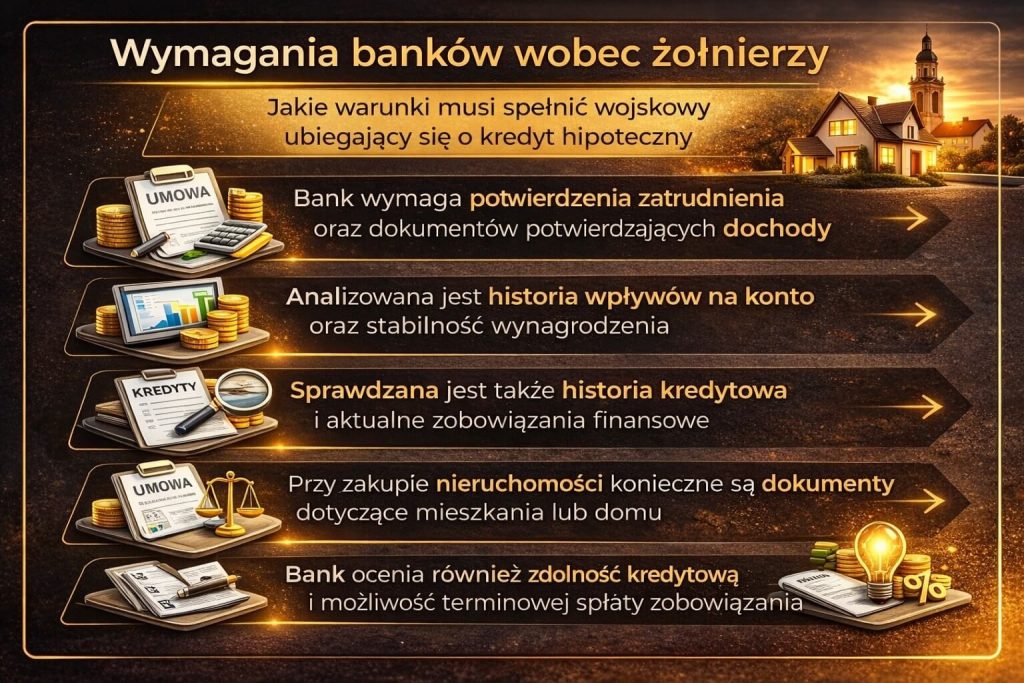 Wymagania banków przy produkcie kredyt hipoteczny dla wojskowych obejmujące analizę dochodów, historię kredytową, stabilność zatrudnienia oraz dokumenty dotyczące nieruchomości, które wpływają na decyzję kredytową i warunki finansowania