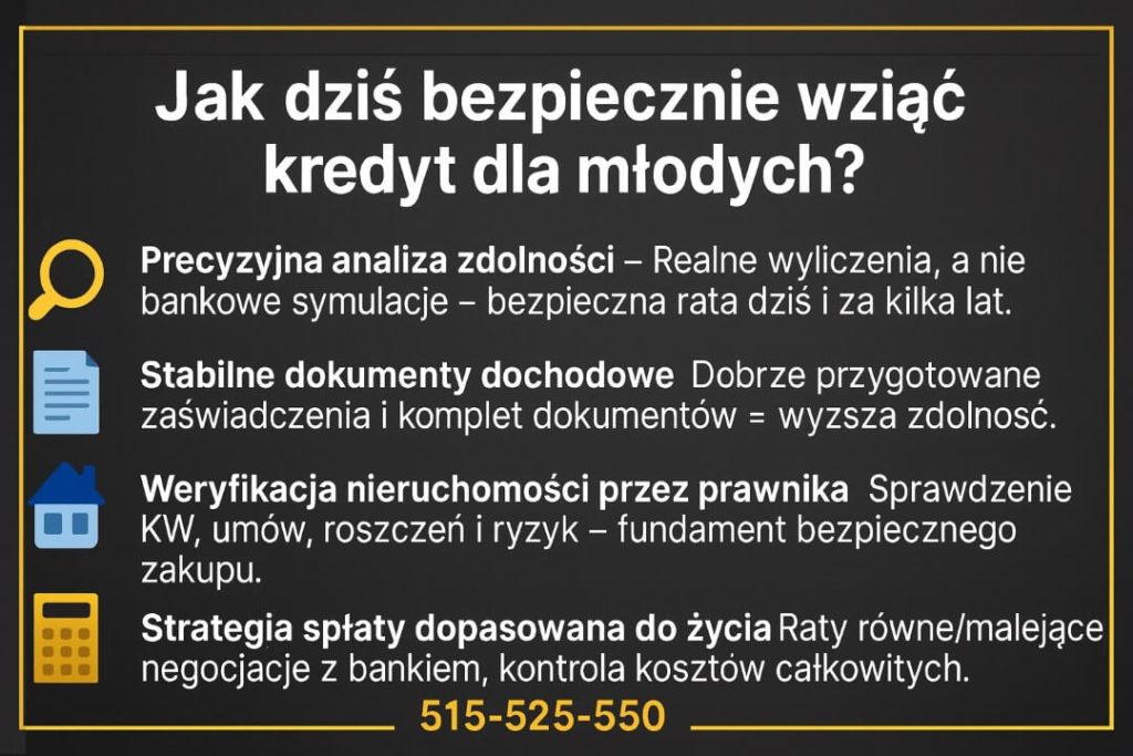 Grafika informacyjna powiązana z Programem Pierwsze Klucze, pokazująca cztery kluczowe zasady bezpiecznego kredytu dla młodych: analiza zdolności, stabilne dokumenty dochodowe, weryfikacja nieruchomości przez prawnika oraz strategia spłaty. U dołu numer 515-525-550.