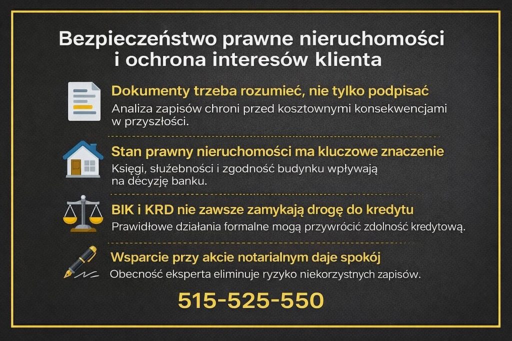 Ekspert kredytowy i prawny zapewniający bezpieczeństwo prawne nieruchomości, analizę dokumentów, ksiąg wieczystych, BIK i KRD oraz wsparcie przy akcie notarialnym, chroniący interesy klienta przy kredycie hipotecznym i zakupie mieszkania