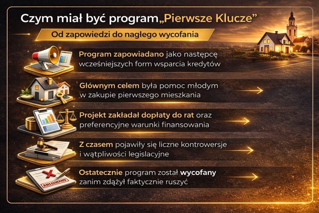 Program pierwsze klucze wyjaśniony krok po kroku jako następca wcześniejszych dopłat do kredytów hipotecznych, pokazujący jego cele, założenia oraz powody wycofania zanim faktycznie wszedł w życie i wsparł młodych kupujących mieszkanie