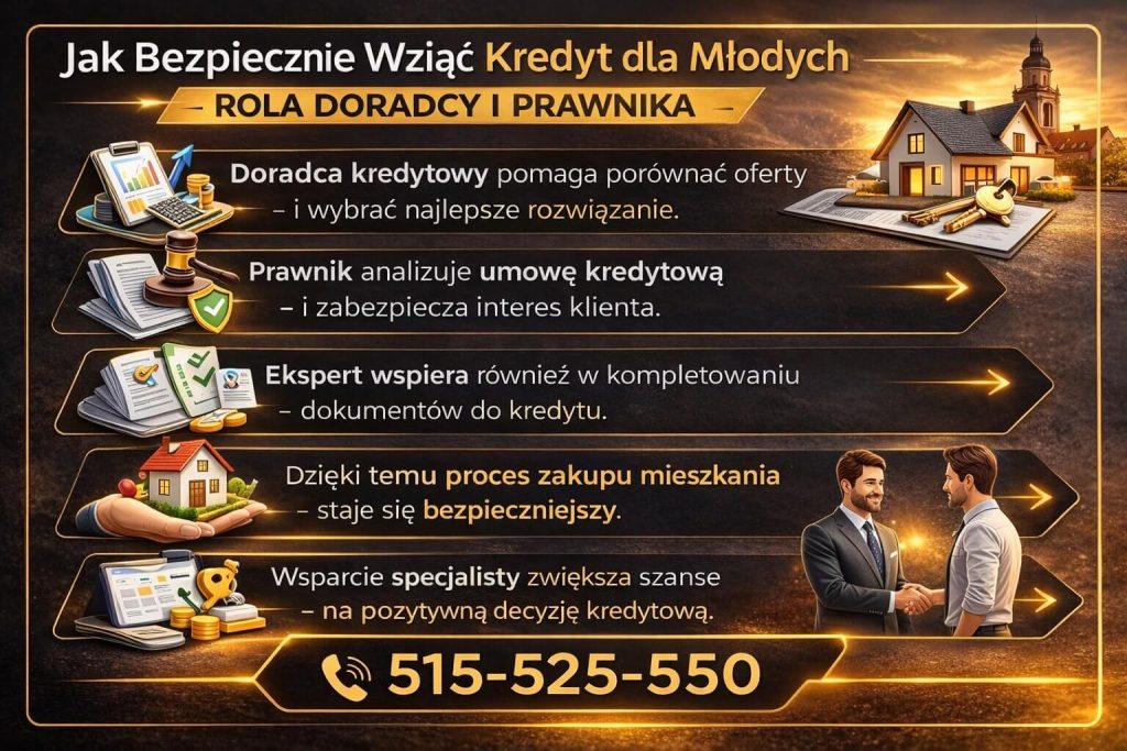Infografika pokazująca jak bezpiecznie wziąć kredyt hipoteczny dla młodych z pomocą doradcy kredytowego i prawnika. Materiał podkreśla analizę umowy, zdolności kredytowej oraz wsparcie przy zakupie nieruchomości, także przy rozwiązaniach takich jak kredyt dla pracujących za granicą.
