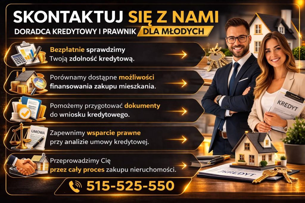 Wsparcie eksperta po programie Pierwsze Klucze obejmujące analizę zdolności kredytowej, porównanie ofert, pomoc w dokumentach oraz obsługę prawną całego procesu zakupu nieruchomości dla młodych klientów