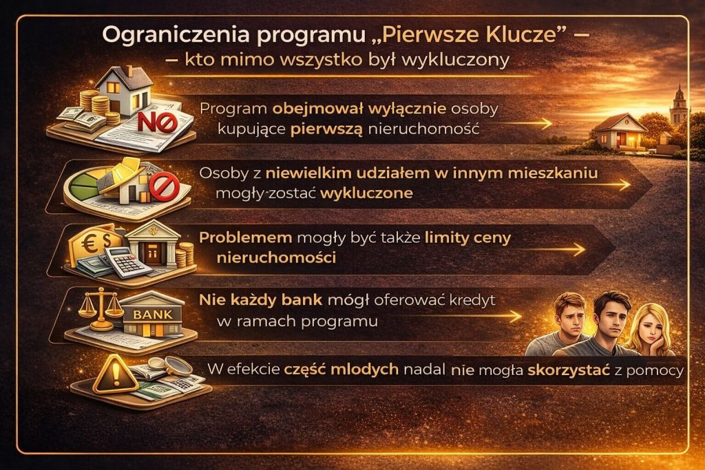 Projekt Pierwsze Klucze i jego ograniczenia przedstawione poprzez wykluczenia dotyczące posiadania nieruchomości, limity cen mieszkań oraz dostępność ofert bankowych, co w praktyce ograniczało dostępność programu dla wielu młodych