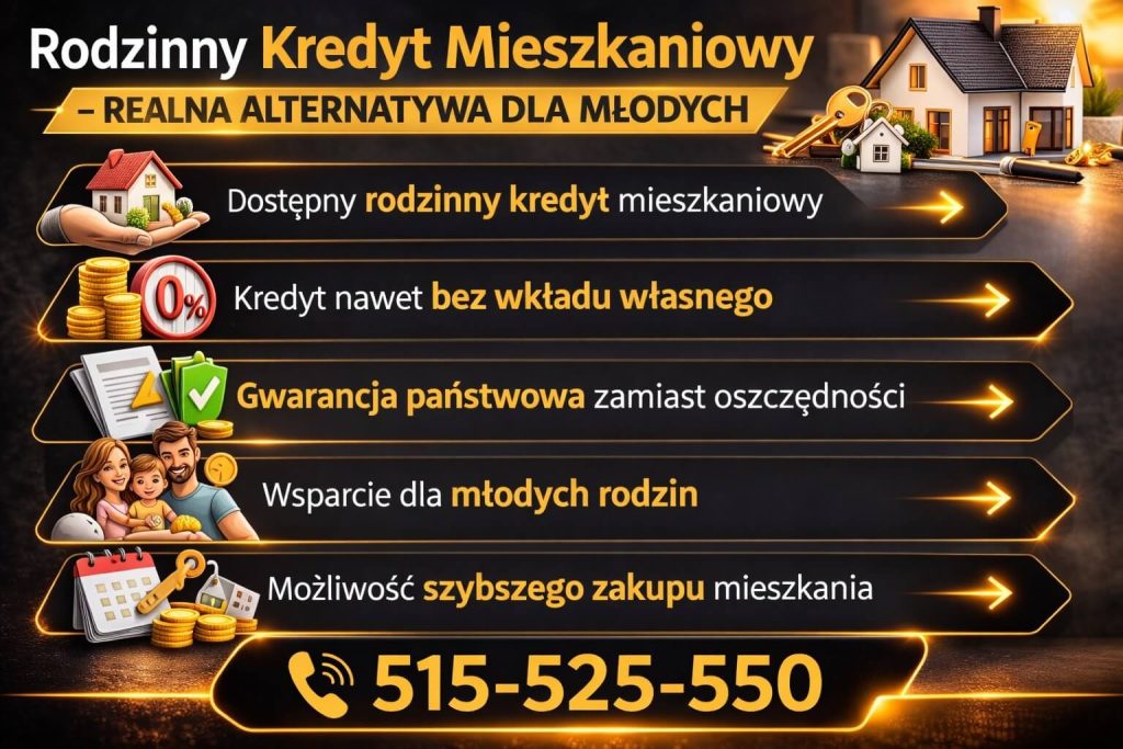 Alternatywa dla programu Pierwsze Klucze w postaci rodzinnego kredytu mieszkaniowego pokazana jako rozwiązanie bez wkładu własnego z gwarancją państwową i wsparciem dla młodych rodzin planujących zakup pierwszego mieszkania