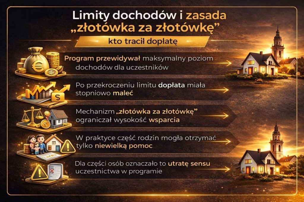 Program pierwsze klucze oraz zasada złotówka za złotówkę wyjaśniona na infografice jako mechanizm stopniowego zmniejszania dopłat po przekroczeniu limitu dochodów, co ograniczało realne wsparcie dla części gospodarstw domowych