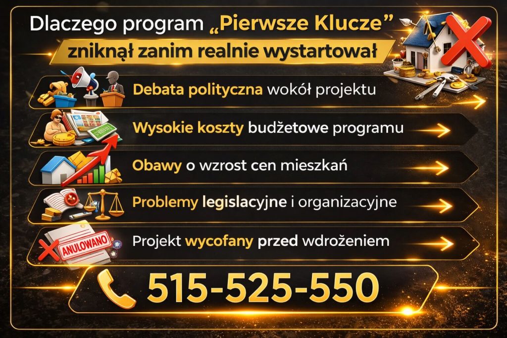 Rządowy program Pierwsze Klucze i powody jego wycofania przed wdrożeniem pokazane na infografice obejmującej debatę polityczną, wysokie koszty budżetowe oraz obawy o wzrost cen mieszkań i problemy legislacyjne