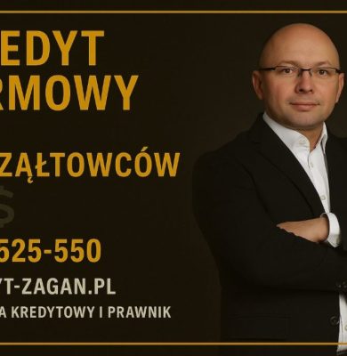 Grafika główna do artykułu o kredycie firmowym dla ryczałtowców. Doradca kredytowy i prawnik na ciemnym tle, złota ramka, nagłówek „Kredyt firmowy dla ryczałtowców”, ikony walut oraz numer telefonu 515-525-550 i adres kredyt-zagan.pl.