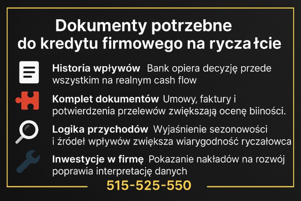 Grafika poradnikowa do tematu kredyt firmowy w przedstawiająca listę wymaganych dokumentów: historię wpływów, komplet dokumentów, logikę przychodów oraz inwestycje w firmę. Złota ramka, czarne tło i numer kontaktowy 515-525-550.