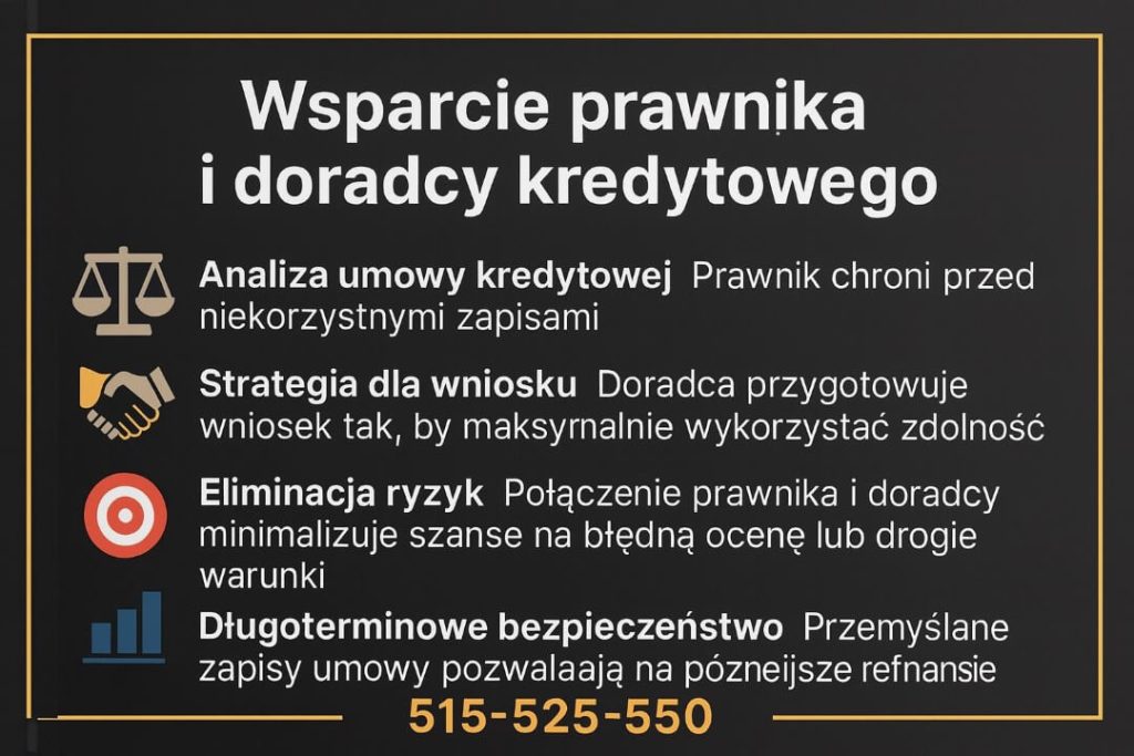 Grafika ekspercka dotycząca kredyt firmowy dla ryczałtowców, prezentująca cztery korzyści: analizę umowy kredytowej, strategię dla wniosku, eliminację ryzyk oraz długoterminowe bezpieczeństwo. Czarne tło, złote akcenty i numer 515-525-550.