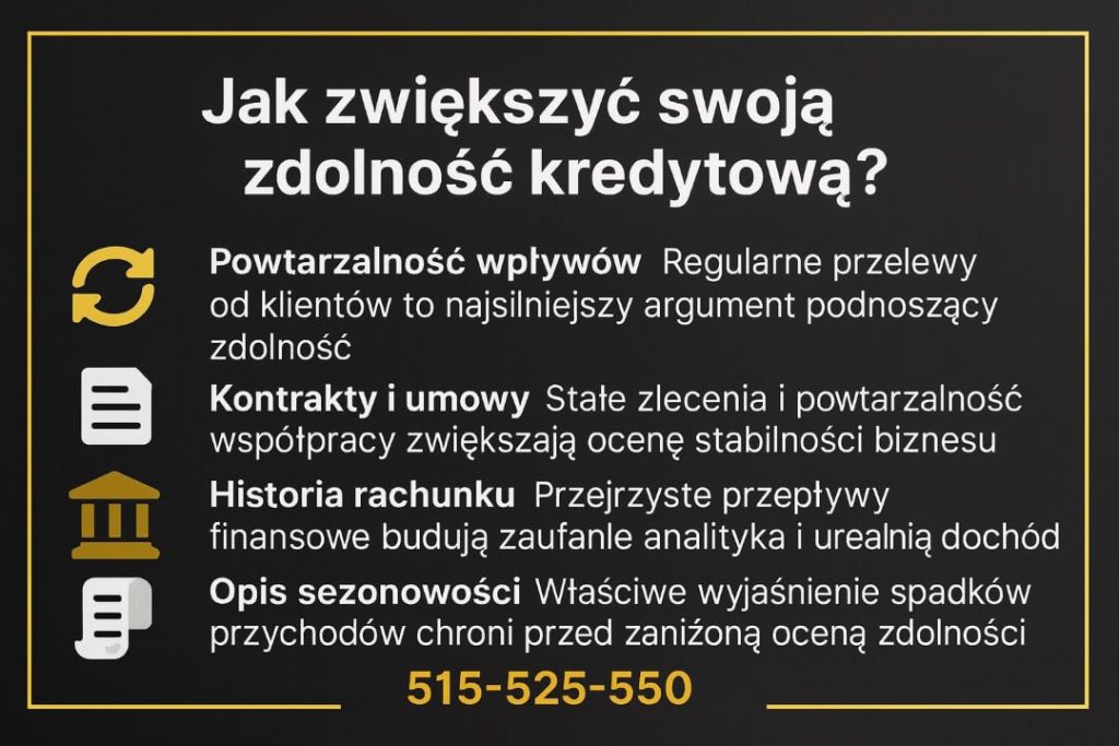 Grafika edukacyjna z czterema elementami wpływającymi na zdolność kredytową: powtarzalnością wpływów, kontraktami i umowami, historią rachunku oraz opisem sezonowości. Złota ramka i numer 515-525-550.