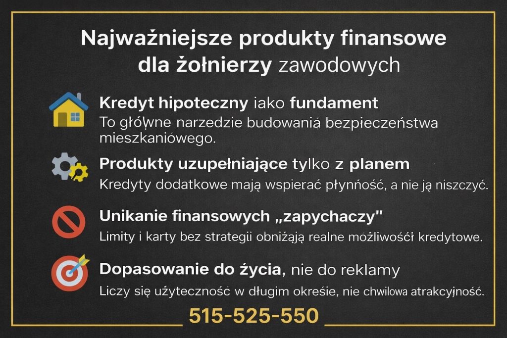 Najważniejsze produkty finansowe dla żołnierzy zawodowych - doradca finansowy dla wojskowych pokazuje, jak kredyt hipoteczny, odpowiednio dobrane finansowanie uzupełniające i unikanie limitów wpływają na długoterminowe bezpieczeństwo mieszkaniowe.