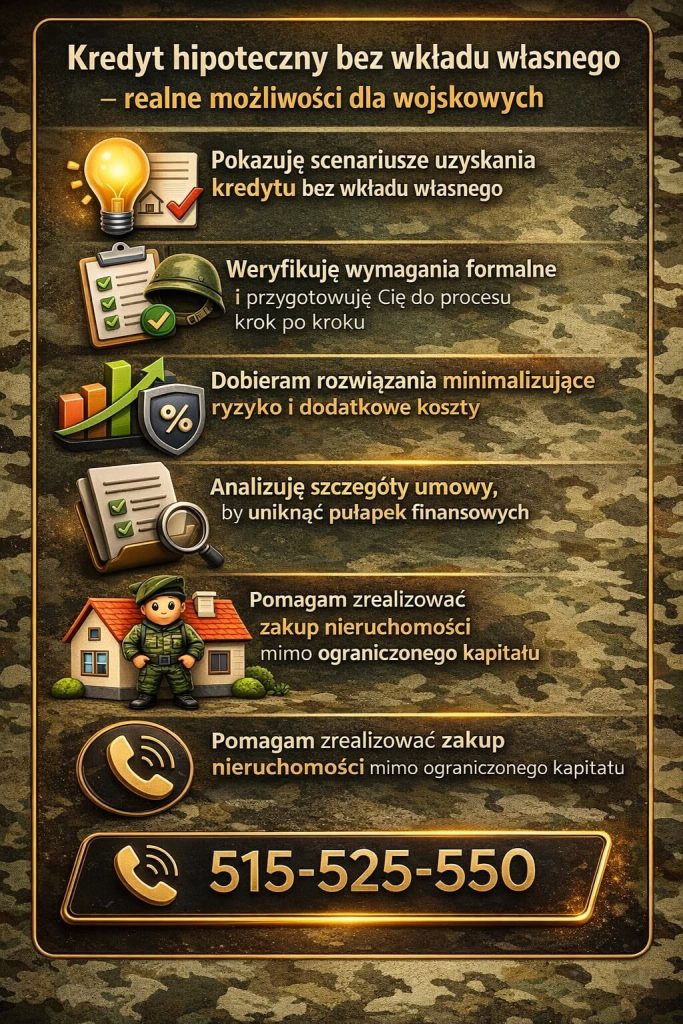 Doradca finansowy dla wojskowych pokazuje możliwości uzyskania kredytu hipotecznego bez wkładu własnego. Weryfikuje wymagania, analizuje umowy i dobiera rozwiązania minimalizujące ryzyko, pomagając w realizacji zakupu nieruchomości.