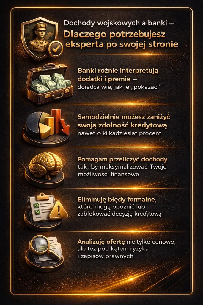 Doradca finansowy dla wojskowych wyjaśnia, jak banki interpretują dochody, premie i dodatki. Profesjonalna analiza zwiększa zdolność kredytową i minimalizuje ryzyko odrzucenia wniosku, pozwalając uzyskać lepsze warunki kredytu hipotecznego.