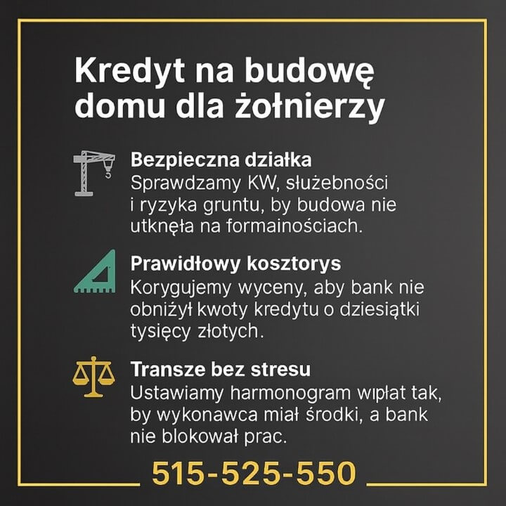 Infografika Kredyt na budowę domu dla żołnierzy w stylu czarne tło i żółta ramka. Ikony żurawia, kątownika i wagi ilustrują bezpieczną działkę, prawidłowy kosztorys i transze bez stresu. Czytelny, biały tekst wyjaśnia wsparcie doradcy przy budowie. Na dole numer 515-525-550.