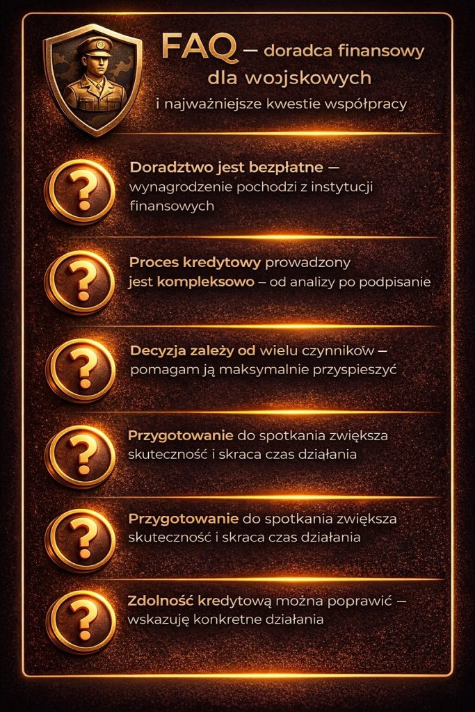Doradztwo kredytowe dla wojskowych obejmuje bezpłatną pomoc, kompleksowy proces i wsparcie w poprawie zdolności kredytowej. Ekspert wyjaśnia najczęstsze pytania i pomaga przygotować się do skutecznego uzyskania kredytu hipotecznego.