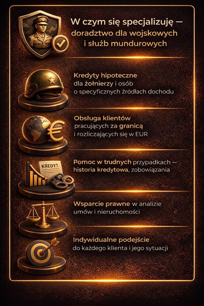 Ekspert kredytowy dla wojskowych i osób o specyficznych dochodach oferuje wsparcie w kredytach hipotecznych, obsłudze klientów pracujących za granicą oraz trudnych przypadkach finansowych i prawnych. Indywidualne podejście zwiększa skuteczność.