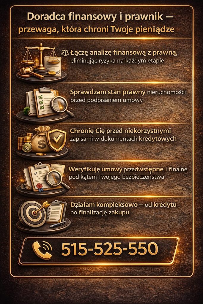 Ekspert kredytowy dla żołnierzy łączy doradztwo finansowe i prawne, analizując umowy oraz stan prawny nieruchomości. Dzięki temu eliminuje ryzyka i chroni klienta przed niekorzystnymi zapisami w dokumentach kredytowych.