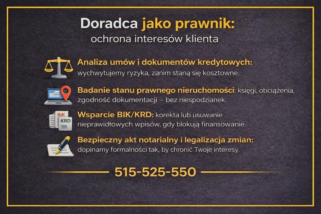 Doradca finansowy dla żołnierzy pełniący rolę prawnika analizuje umowy kredytowe, dokumenty bankowe i akty notarialne. Grafika pokazuje wsparcie prawne w kredycie hipotecznym, kontrolę ryzyk, weryfikację nieruchomości oraz pomoc w BIK i KRD.