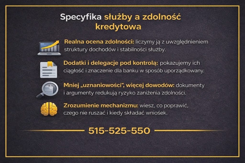 Doradca finansowy dla żołnierzy wyjaśnia, jak bank ocenia zdolność kredytową wojskowych. Grafika przedstawia analizę struktury dochodów, dodatków służbowych i delegacji oraz uporządkowane dokumenty ograniczające uznaniowość decyzji kredytowej.
