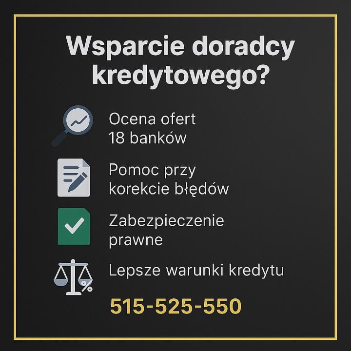 Infografika dotycząca tematu umowa zlecenie kredyt hipoteczny Żagań, przedstawiająca etapy wsparcia doradcy kredytowego: analizę ofert 18 banków, korektę błędów, zabezpieczenie prawne i negocjacje warunków, które poprawiają wynik procesu kredytowego.