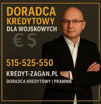 Doradca kredytowy i prawnik dla wojskowych 2026 – ekspert w kredytach hipotecznych, konsolidacyjnych i walutowych. Zdjęcie przedstawia doradcę w garniturze, na czarnym tle z żółtą ramką oraz numerem kontaktowym 515-525-550.