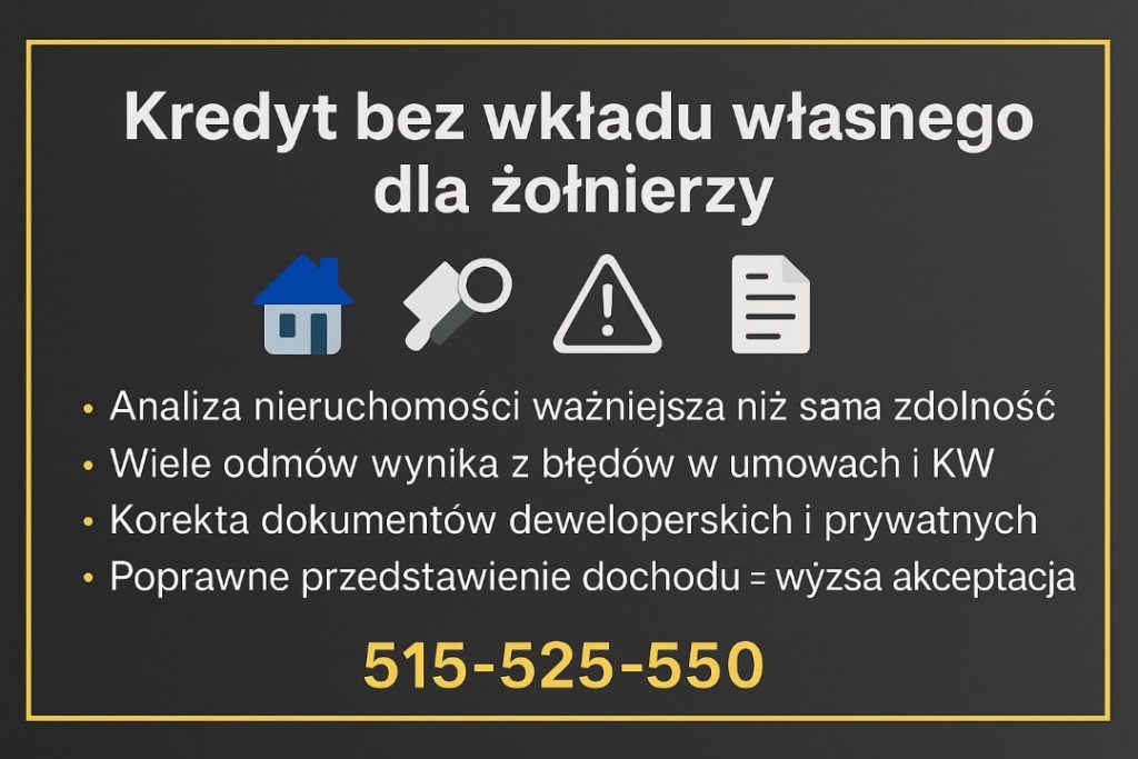 Doradca kredytowy dla żołnierzy - grafika opisuje kredyt bez wkładu własnego dla żołnierzy. Zawiera nagłówek, ikony domu, lupy, ostrzeżenia i dokumentu oraz listę korzyści: analiza nieruchomości, wykrywanie błędów w umowach i KW, korekta dokumentów deweloperskich i prywatnych, lepsza prezentacja dochodu.