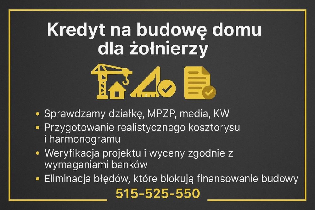 Grafika o kredycie na budowę domu dla żołnierzy na ciemnym tle z ikonami budowy. W punktach pokazano zakres wsparcia: sprawdzanie działki, MPZP, mediów i KW, przygotowanie realistycznego kosztorysu i harmonogramu, weryfikację projektu oraz eliminację błędów. Telefon 515-525-550.
