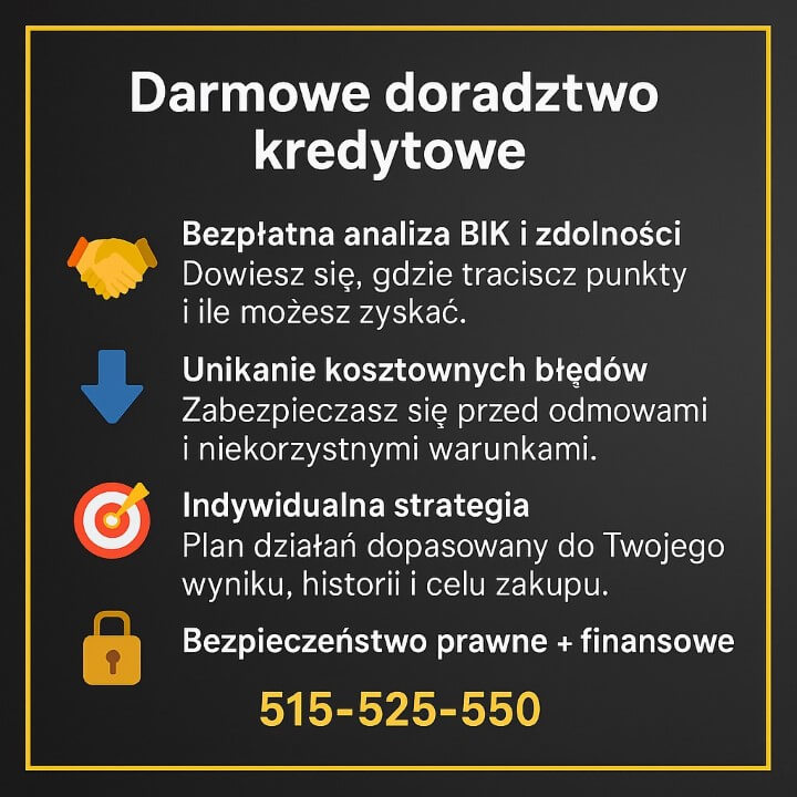 Grafika informacyjna „Darmowe doradztwo kredytowe”. Zawiera cztery korzyści: darmowa analiza BIK i zdolności, unikanie błędów, indywidualna strategia oraz bezpieczeństwo prawne i finansowe. Na dole numer kontaktowy 515-525-550.
