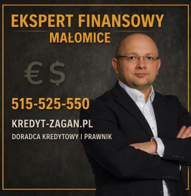 Ekspert finansowy Małomice - doradca kredytowy i prawnik przedstawiony na grafice promującej lokalne doradztwo finansowe. Zdjęcie pokazuje profesjonalne wsparcie przy kredytach hipotecznych, analizie zdolności kredytowej, trudnej historii BIK oraz bezpiecznym zakupie nieruchomości.
