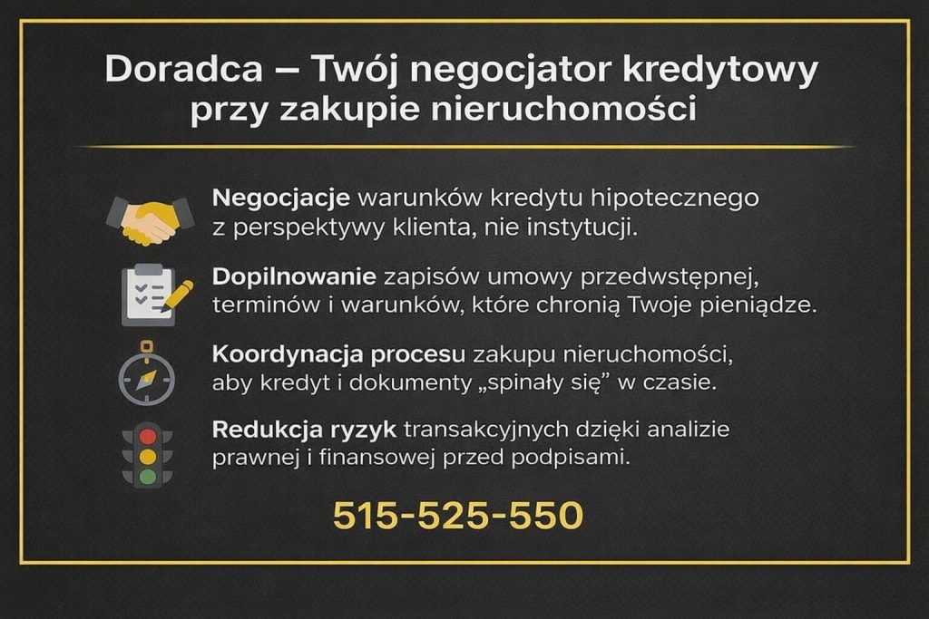 Ekspert finansowy Małomice jako negocjator kredytowy wspiera klientów przy zakupie nieruchomości, dbając o warunki kredytu hipotecznego, zapisy umowy przedwstępnej oraz spójność dokumentów. Grafika prezentuje rolę doradcy w ograniczaniu ryzyk transakcyjnych.