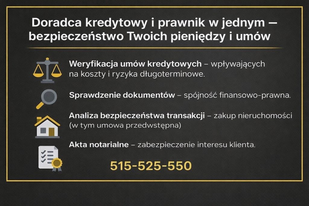 Ekspert finansowy Małomice łączy doradztwo kredytowe i prawne, zapewniając bezpieczeństwo pieniędzy i umów. Grafika pokazuje weryfikację umów kredytowych, analizę dokumentów, ocenę bezpieczeństwa transakcji oraz przygotowanie do aktu notarialnego.