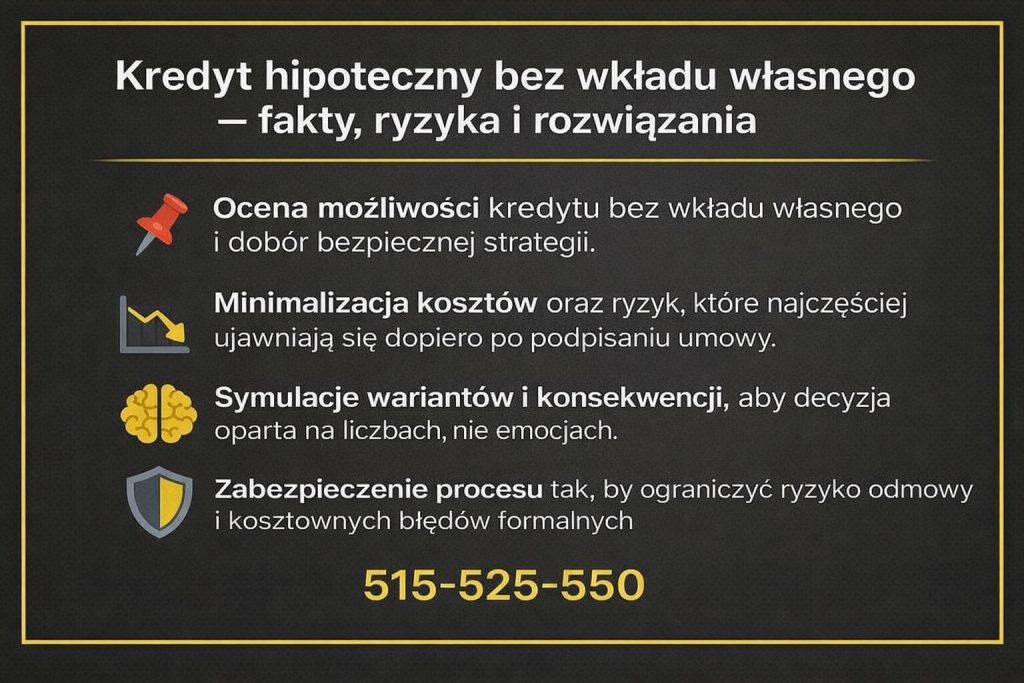 Doświadczony doradca kredytowy z Małomic przedstawia fakty, ryzyka i rozwiązania związane z kredytem hipotecznym bez wkładu własnego. Grafika pokazuje ocenę możliwości finansowania, minimalizację kosztów, symulacje wariantów oraz zabezpieczenie procesu kredytowego.