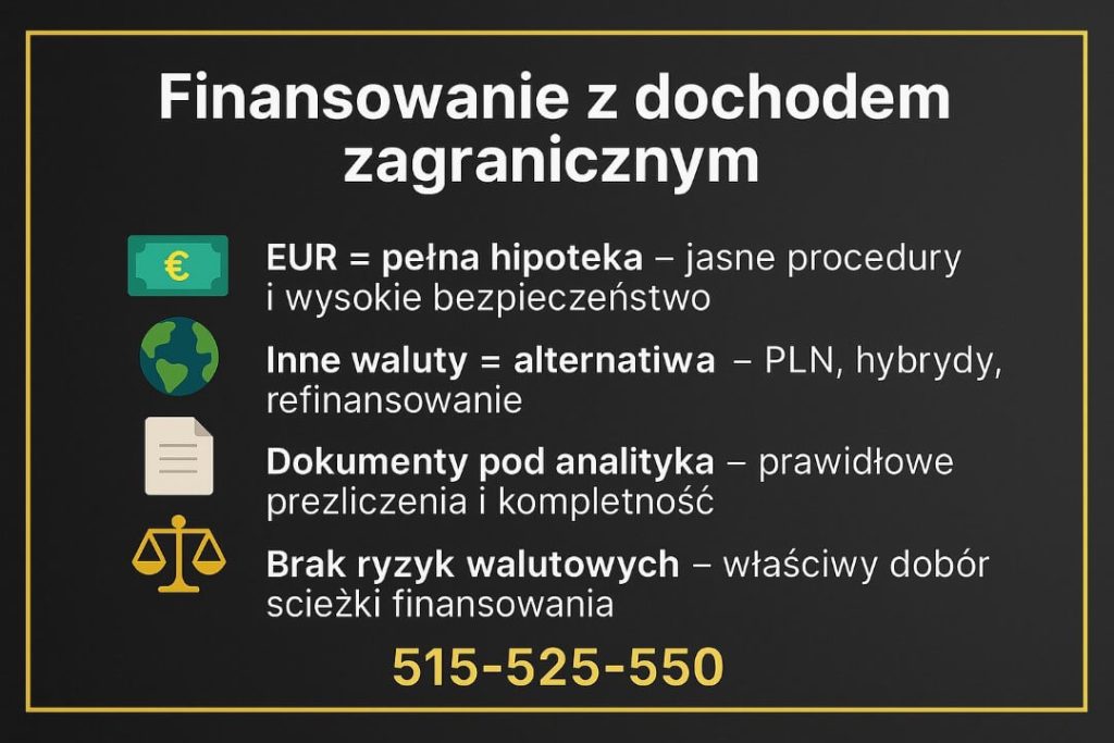 Grafika Finanse Kożuchów „Finansowanie z dochodem zagranicznym” prezentuje zasady kredytu przy zarobkach w EUR oraz alternatywne rozwiązania dla innych walut. Wskazuje na dokumenty przygotowane pod analityka, brak ryzyk walutowych i numer konsultacji 515-525-550.