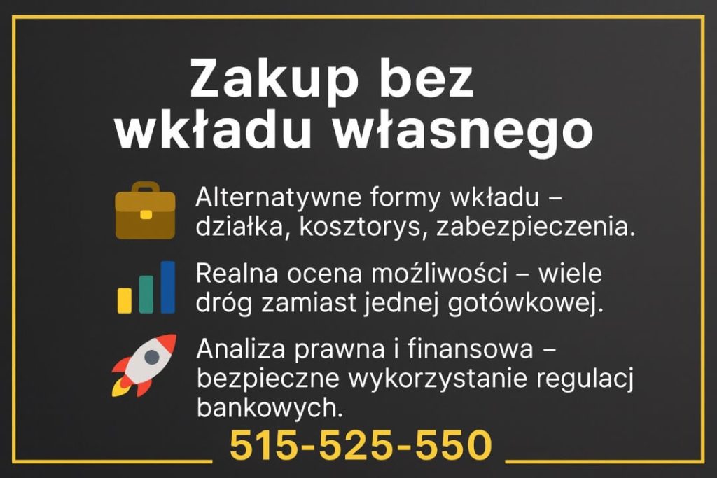 Grafika Finanse Kożuchów „Zakup bez wkładu własnego” pokazuje zalety alternatywnych form wkładu: działka, kosztorys, dodatkowe zabezpieczenia. Podkreśla realną ocenę możliwości i analizę prawną oraz finansową, numer kontaktowy doradcy 515-525-550.