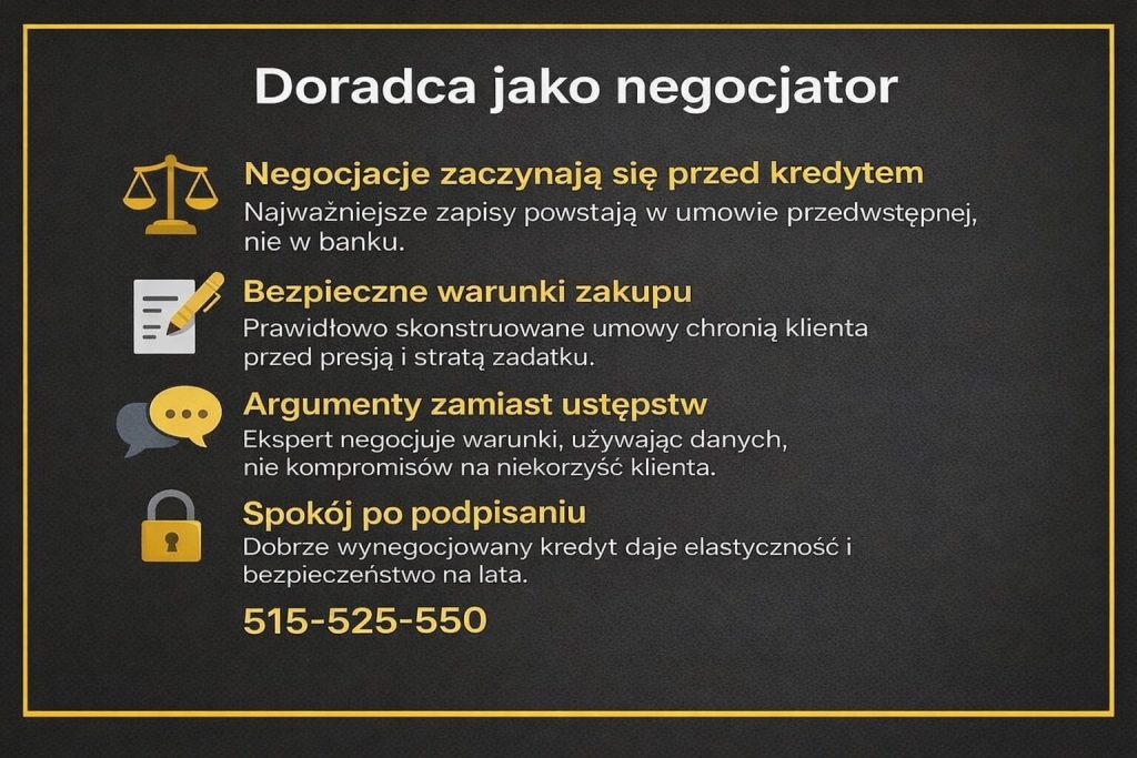 Infografika pokazująca rolę doradcy kredytowego w Szprotawie jako negocjatora kredytu hipotecznego. Grafika podkreśla znaczenie umowy przedwstępnej, bezpiecznych zapisów, negocjacji opartych na danych oraz spokoju klienta po podpisaniu umów kredytowych i notarialnych.