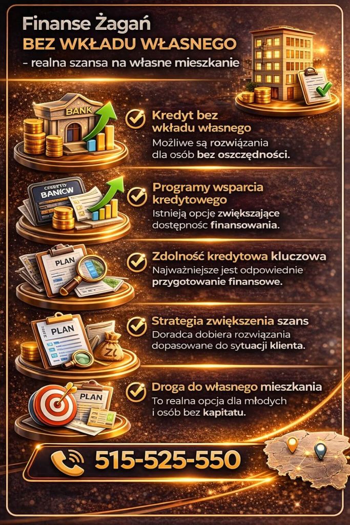 Finanse Żagań – kredyt bez wkładu własnego jako realna szansa na zakup mieszkania. Grafika przedstawia możliwości finansowania bez oszczędności, programy wsparcia oraz znaczenie przygotowania zdolności kredytowej przy współpracy z doradcą.