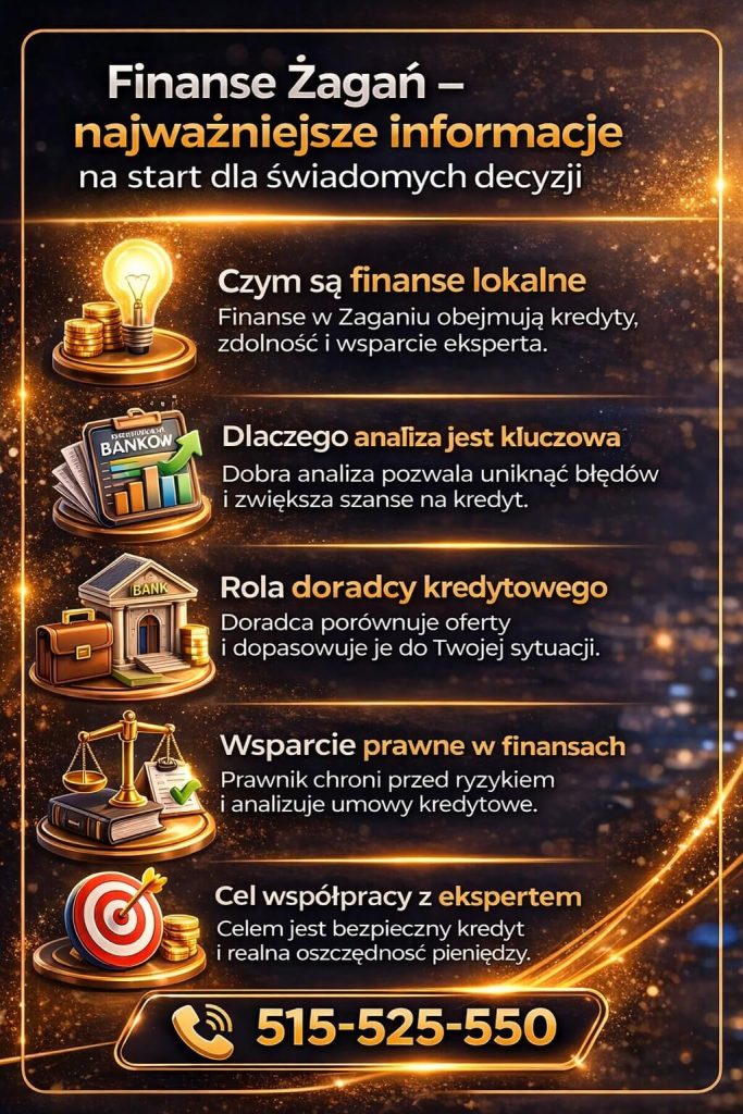 Finanse Żagań – najważniejsze informacje dla osób planujących kredyt hipoteczny i poprawę zdolności kredytowej. Grafika przedstawia rolę analizy finansowej, wsparcia doradcy kredytowego oraz pomocy prawnej w podejmowaniu bezpiecznych decyzji finansowych.