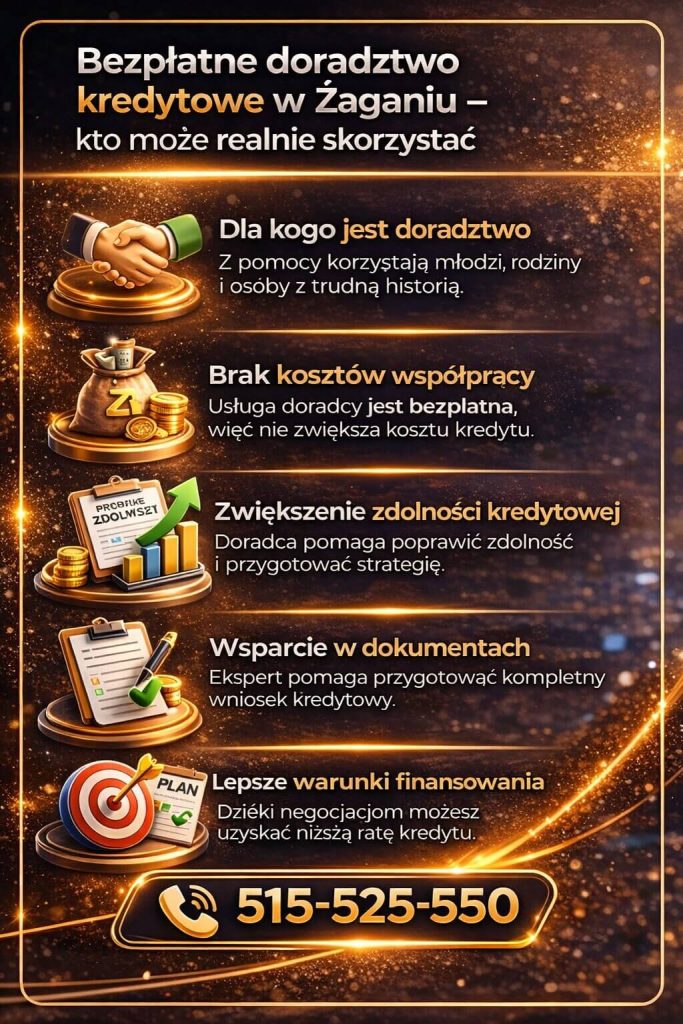 Finanse Żagań – bezpłatne doradztwo kredytowe dla różnych grup klientów, w tym młodych, rodzin i osób z trudną historią kredytową. Grafika pokazuje korzyści współpracy z doradcą: brak kosztów, poprawę zdolności oraz wsparcie w przygotowaniu dokumentów.