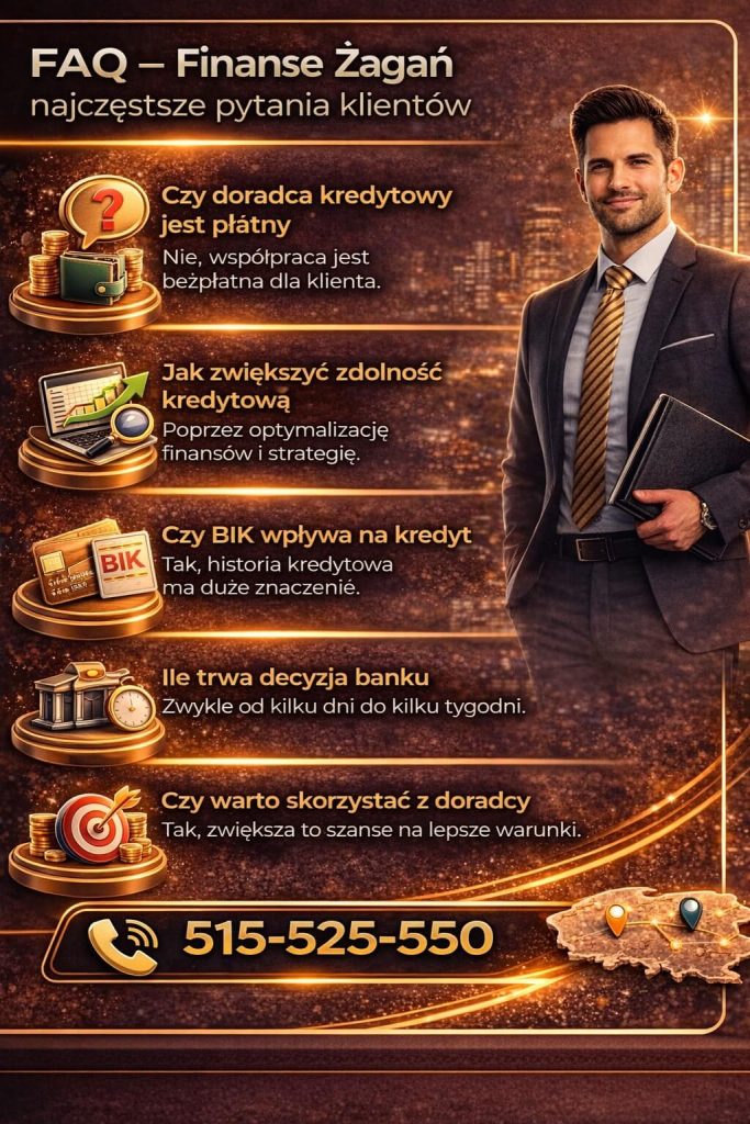 Doradztwo kredytowe Żagań – najczęściej zadawane pytania klientów dotyczące kosztów, zdolności kredytowej i decyzji banku. Grafika wyjaśnia rolę BIK, czas oczekiwania oraz korzyści współpracy z ekspertem finansowym.
