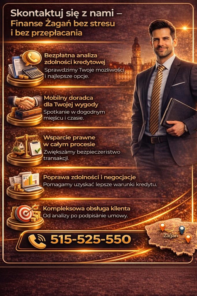 Finanse Żagań kontakt – bezpłatna analiza zdolności kredytowej i kompleksowe wsparcie doradcy. Grafika przedstawia mobilność usług, pomoc prawną, negocjacje warunków kredytu oraz pełną obsługę klienta od początku do końca procesu.
