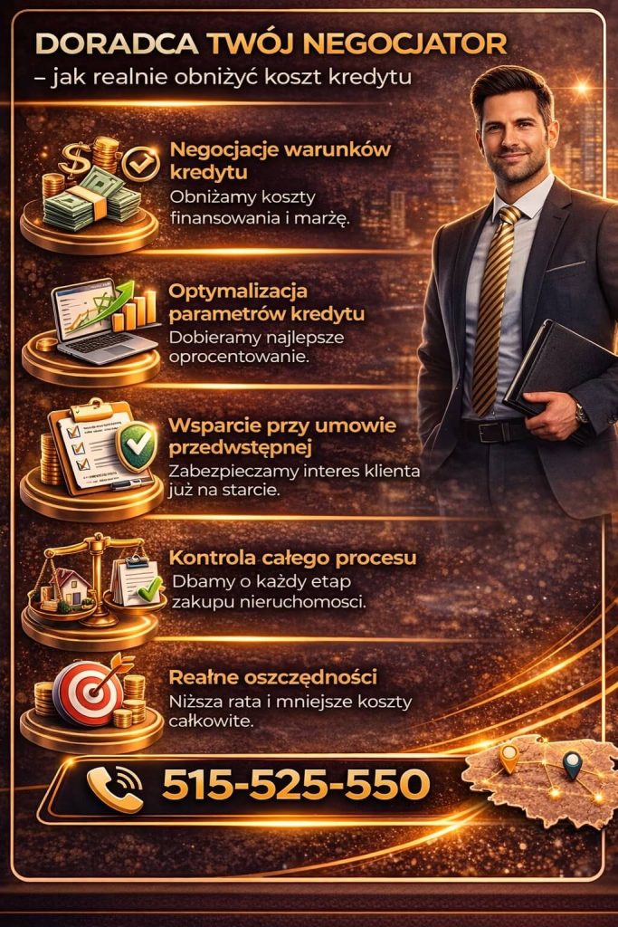 Doradca kredytowy Żagań – negocjacje warunków kredytu i optymalizacja kosztów finansowania. Grafika pokazuje obniżanie raty, analizę ofert, wsparcie przy umowie przedwstępnej oraz kontrolę całego procesu zakupu nieruchomości.